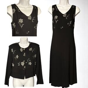 Vintage Suzannah James Black Sleeveless Cocktail Dress & Jacket Silver Floral 8P